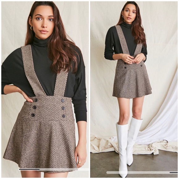 Modcloth Dresses & Skirts - Modcloth Double-Breasted Button Tan Brown Mini Pinafore Suspender Dress/Skirt